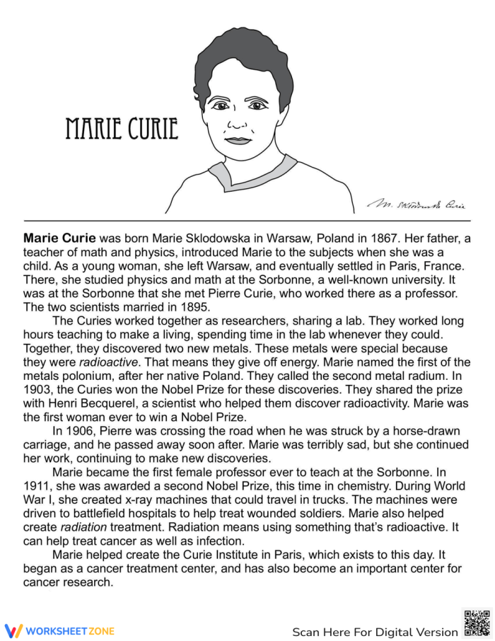 Marie Curie: Nobel Prize-Winning Scientist Biography Lesson for Elementary Students Portrait of Marie Curie, pioneering scientist and first woman Nobel Prize winner, for fourth grade biography worksheet