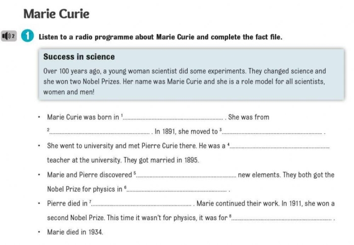 Marie Curie Biography Reading Comprehension Activity for Elementary Students Portrait of Marie Curie, pioneering scientist and first female Nobel Prize winner, for fourth grade biography worksheet