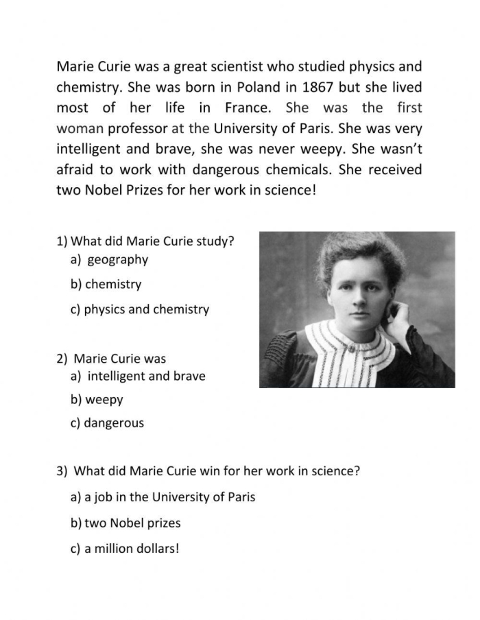 Marie Curie: Groundbreaking Female Scientist Biography Reading Activity Portrait of Marie Curie, pioneering scientist and first woman Nobel Prize winner, for fourth grade biography worksheet