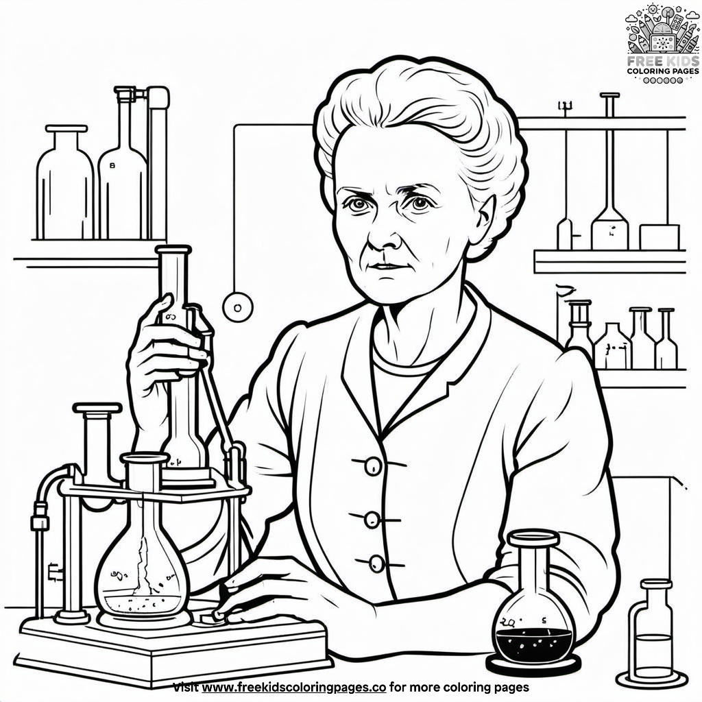 Marie Curie working in her laboratory on a first grade sight words coloring worksheet