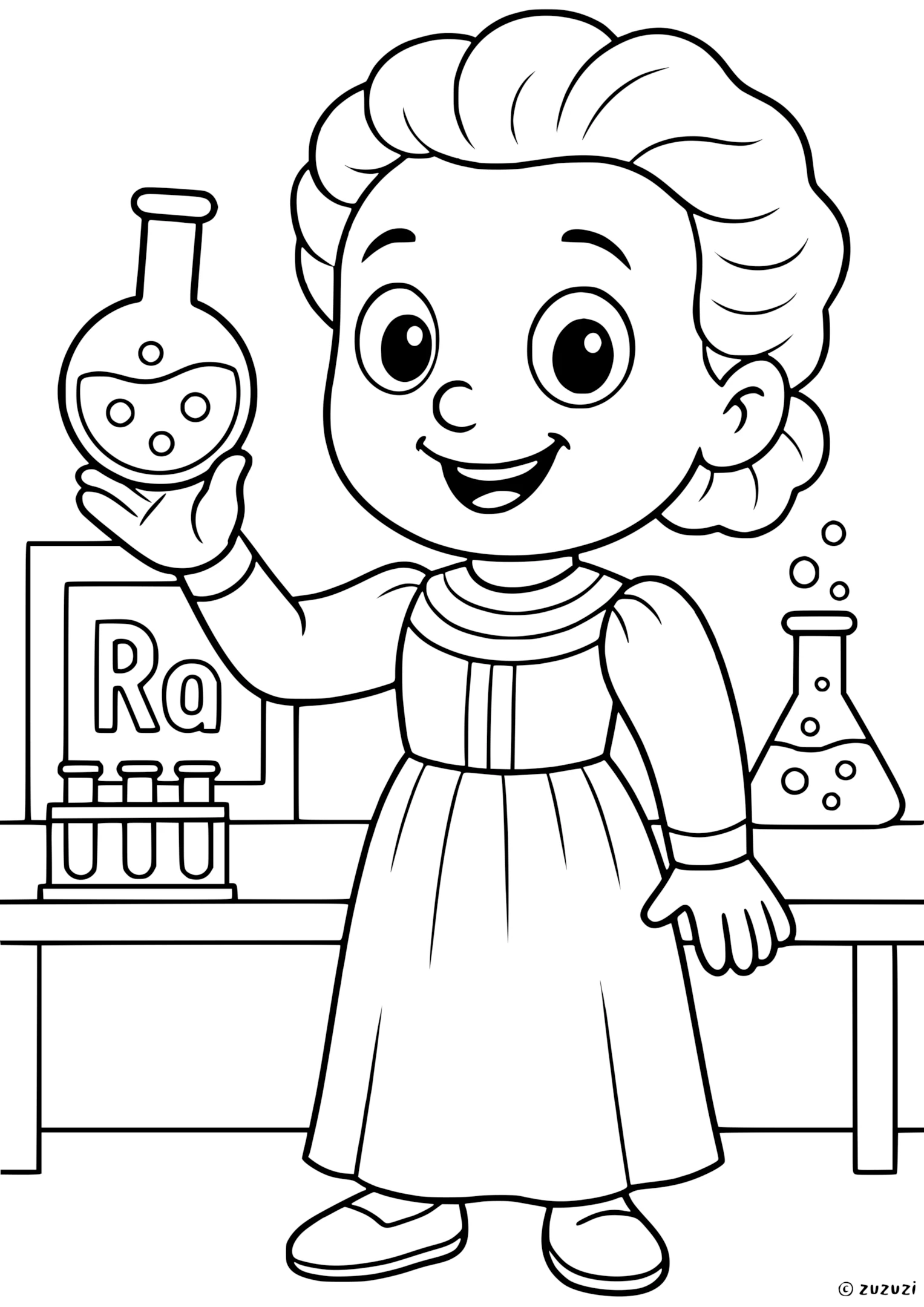 Marie Curie coloring page showing her in a lab setting for first grade sight words