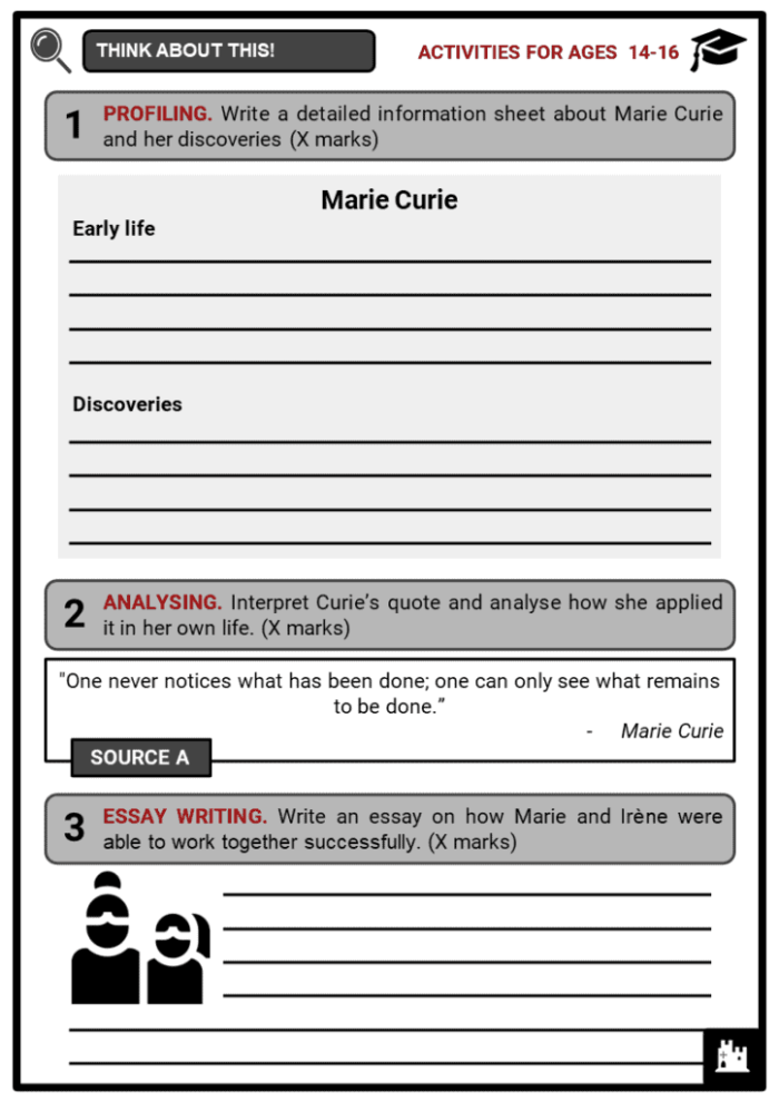 Marie Curie Biography Reading Worksheet for Elementary Students Portrait of Marie Curie, a pioneering female scientist who won the Nobel Prize, for fourth grade history and science learning