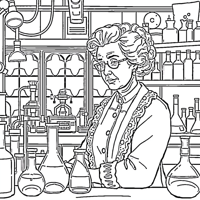 Marie Curie in her laboratory coloring page for first grade sight words