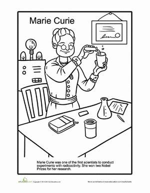 Marie Curie in her laboratory coloring page for first grade sight words