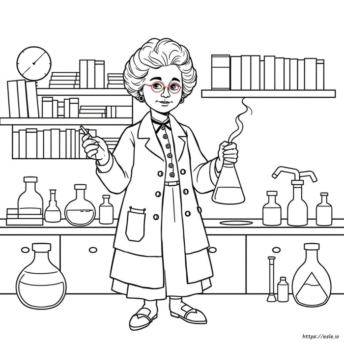 Marie Curie coloring page showing her in a lab setting for first graders