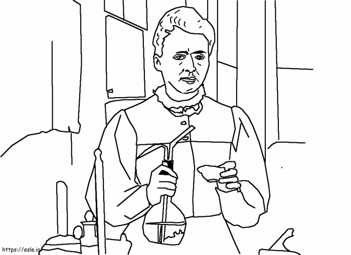 Marie Curie in her laboratory, ready to color and learn sight words