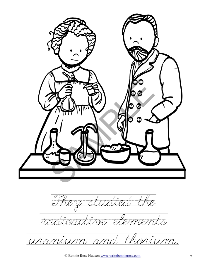 Marie Curie in her laboratory for a first grade sight words coloring worksheet