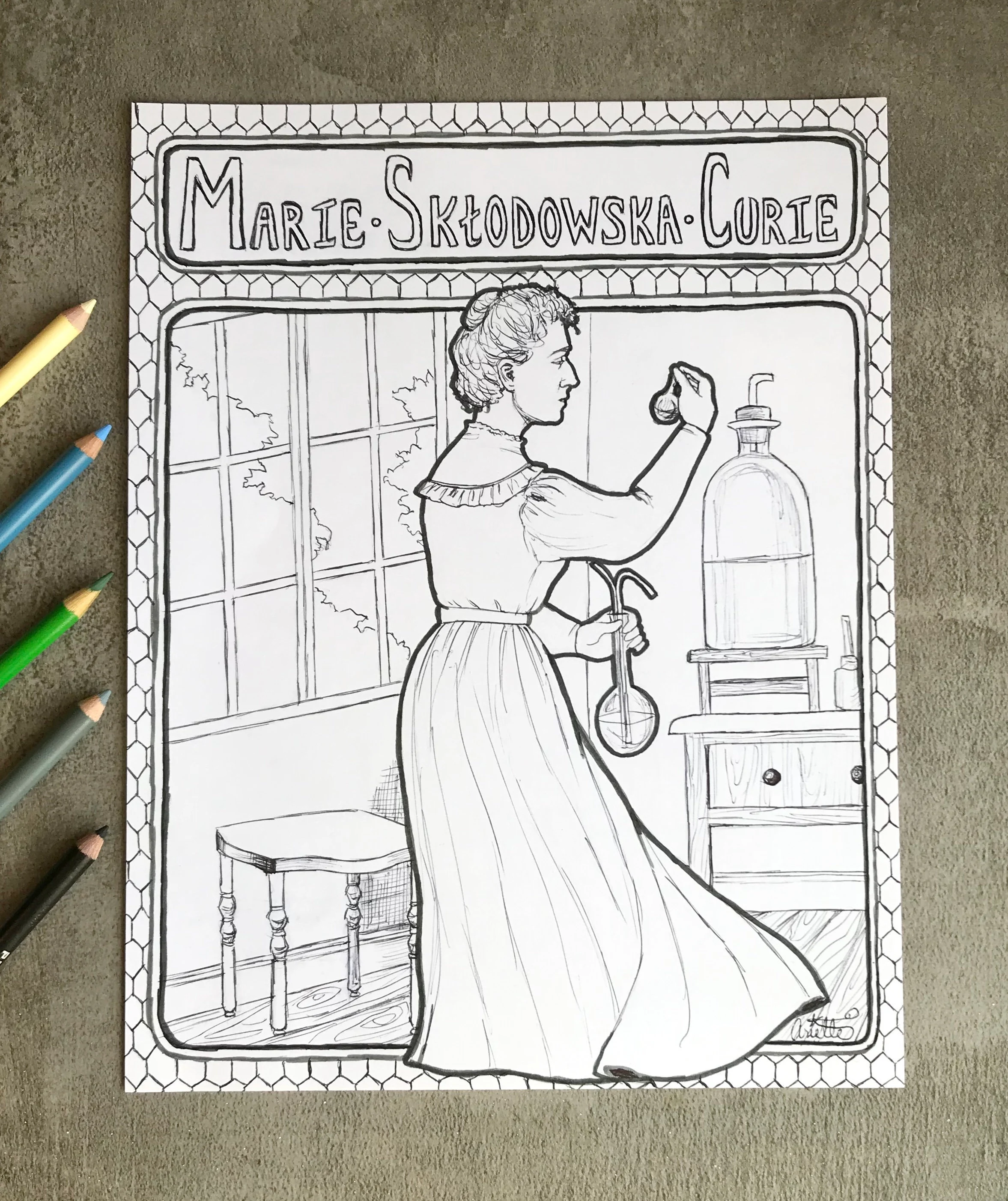 Marie Curie in her laboratory coloring page for first grade sight words worksheet