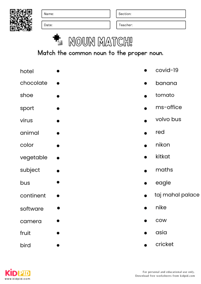 Match the Nouns worksheet for Fourth Grade