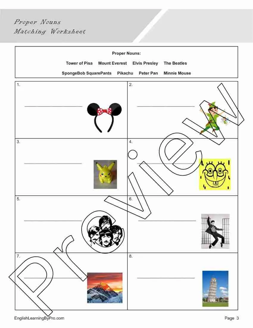 Match the Nouns worksheet for Fourth Grade