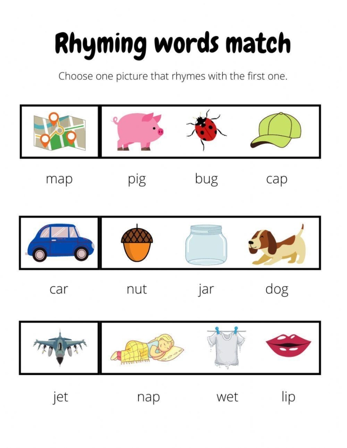 Engaging Matching Rhyming Words worksheet for Pre-K learners Worksheet featuring matching rhyming pictures for early readers
