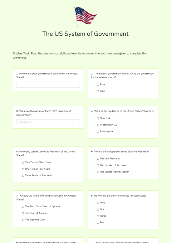 Second Grade worksheet matching U.S. government buildings to their names