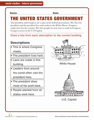 Second Grade worksheet matching U.S. government buildings with their names