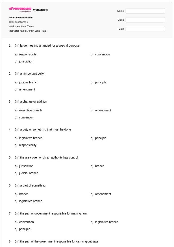 Second Grade worksheet matching U.S. government buildings and their functions