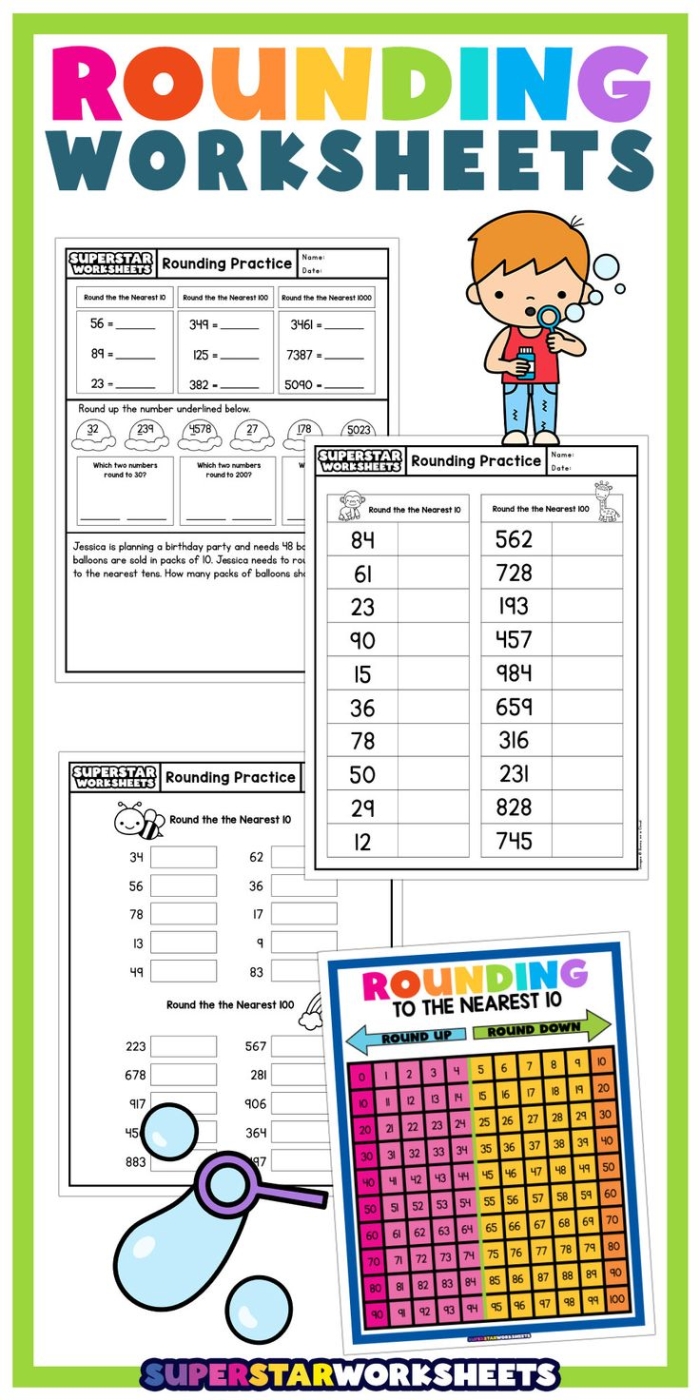 Practice rounding numbers using a helpful chart on this second grade worksheet image 20 Second grade student completing a rounding with a chart worksheet to practice math skills