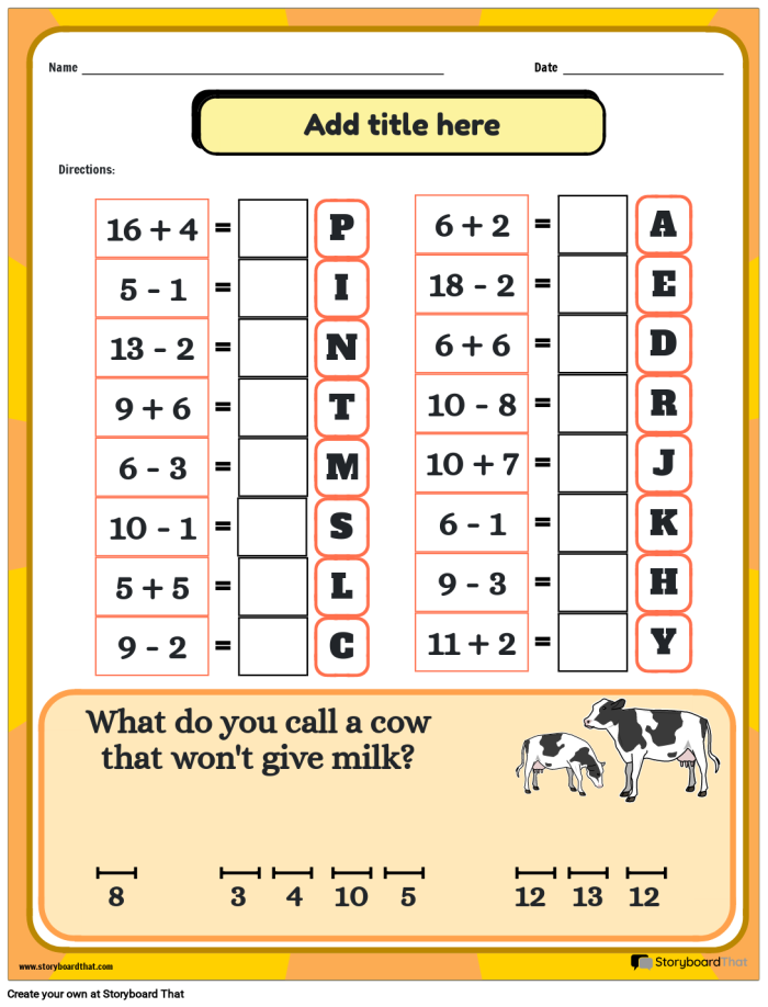 Math Riddles worksheet focused on addition and subtraction for third graders
