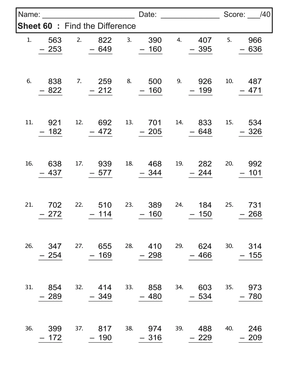 Second grader completing a subtraction within 1000 check-in worksheet to assess math skills
