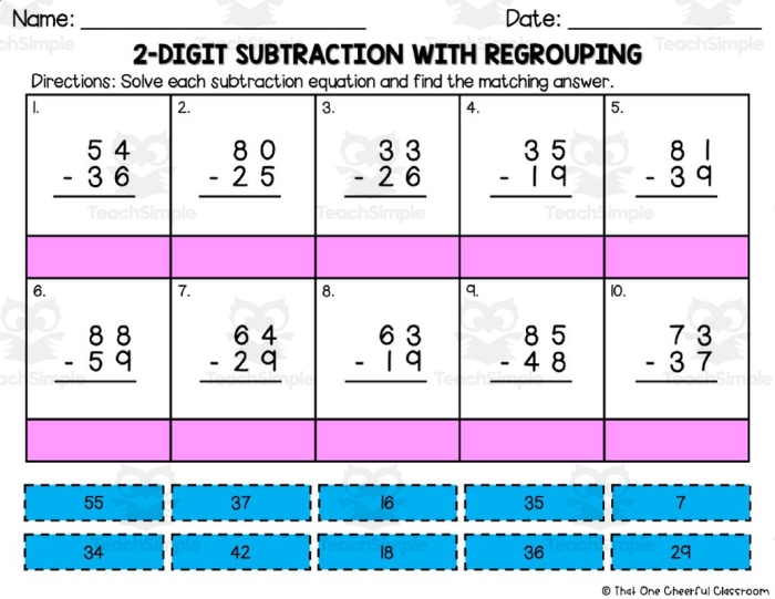 Second grade math worksheet for 2-digit subtraction with borrowing and a bonus word problem