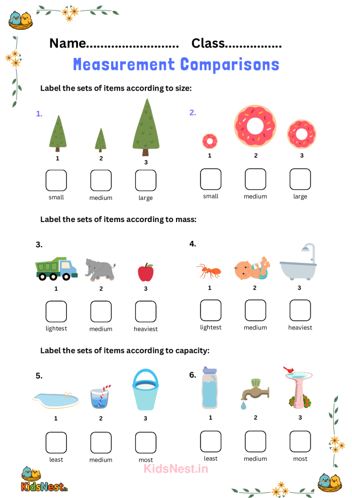 Visual representation of a worksheet designed to assess measurement comparisons in early childhood education Measurement Comparison Assessment worksheet for Pre-K students focusing on subtraction skills