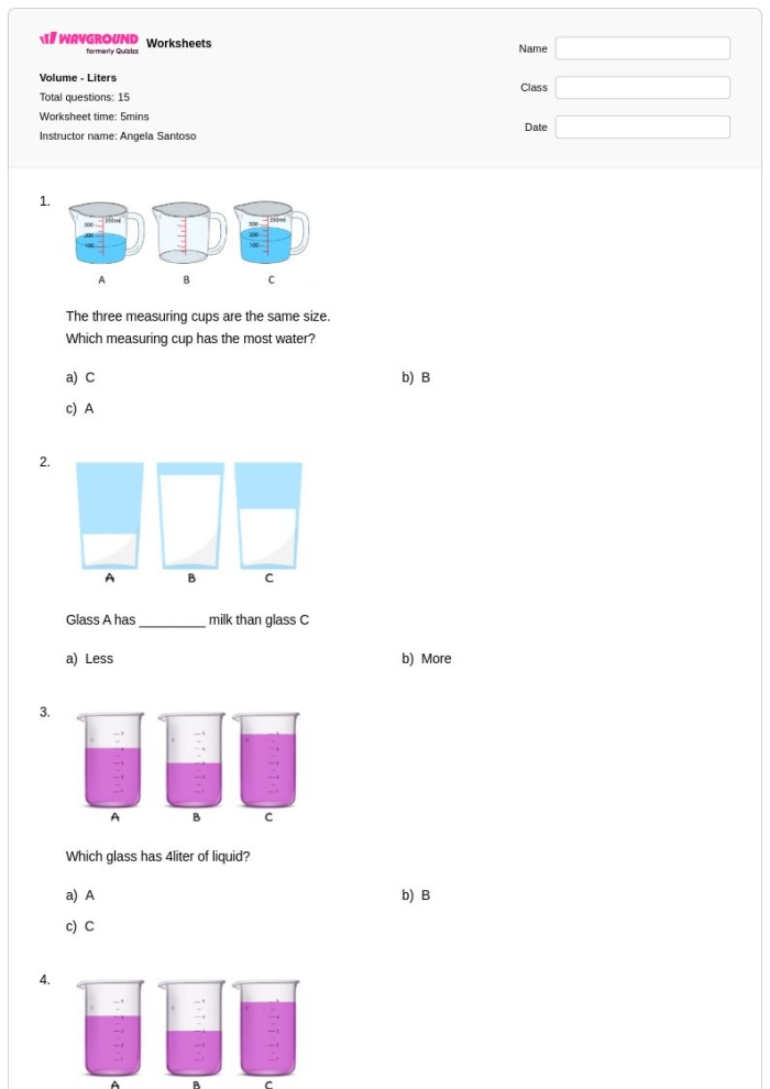 Place Value worksheet for Second Grade Measurement Mania: Liters worksheet for Second Grade