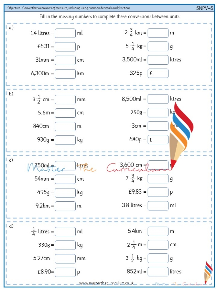 Common Units of Measurement worksheet showing basic metric conversions for students