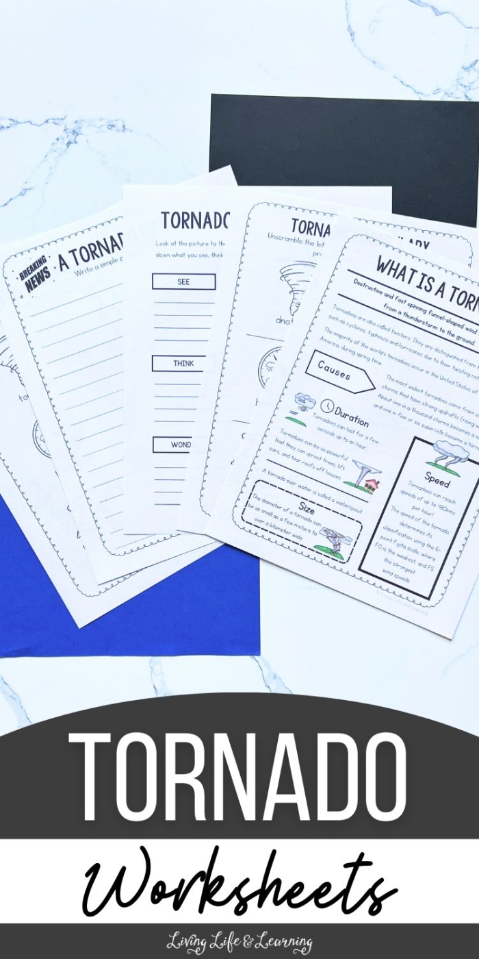 Fifth grade tornado fill-in-the-blank worksheet focused on measurement concepts