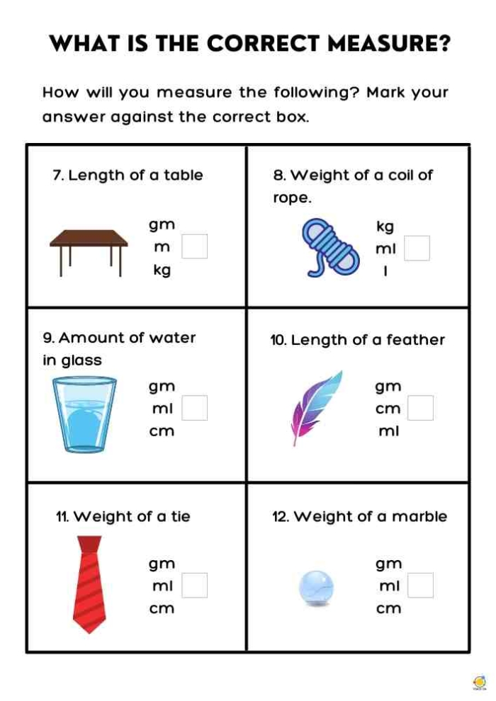 Worksheet showing common units of measurement and metric conversions for grade school students