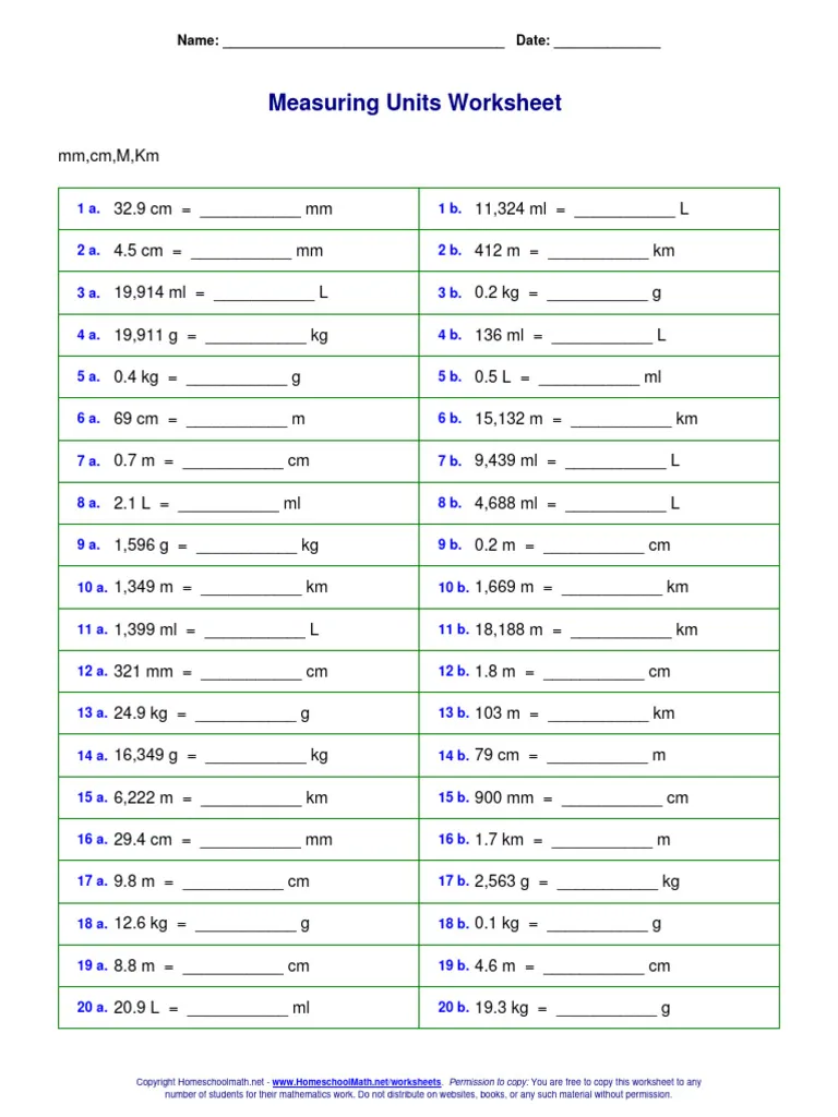 Worksheet showing common units of measurement and metric conversions for grade school students