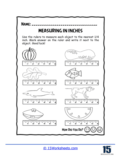 Second grade students measuring toy objects with a ruler to compare inches and centimeters on a colorful worksheet activity