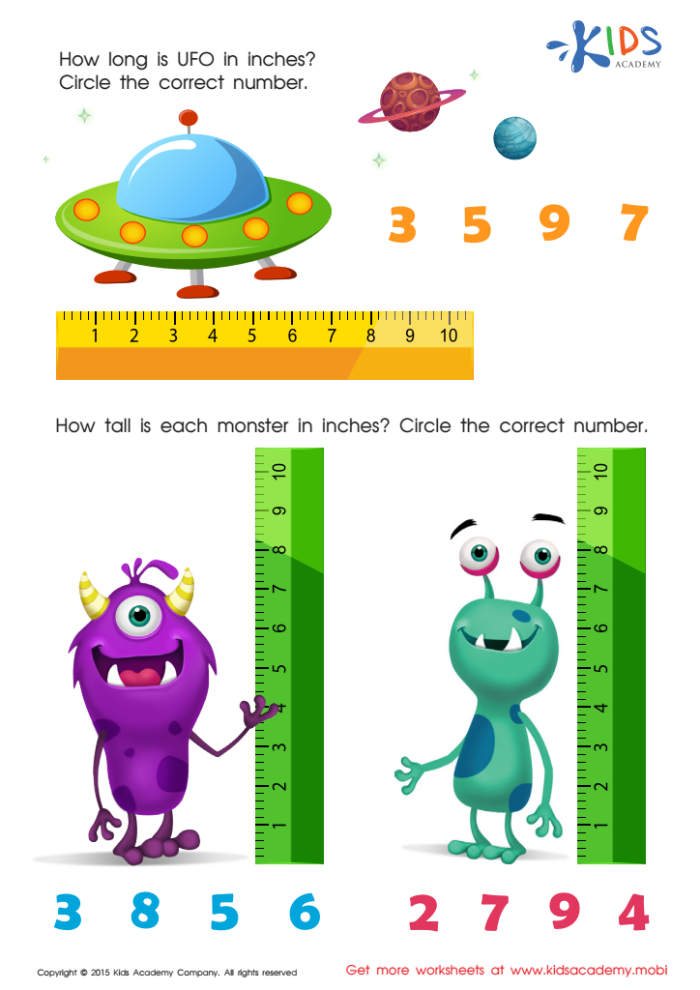 Second grade students measuring toy objects with rulers to compare inches and centimeters on a colorful worksheet activity
