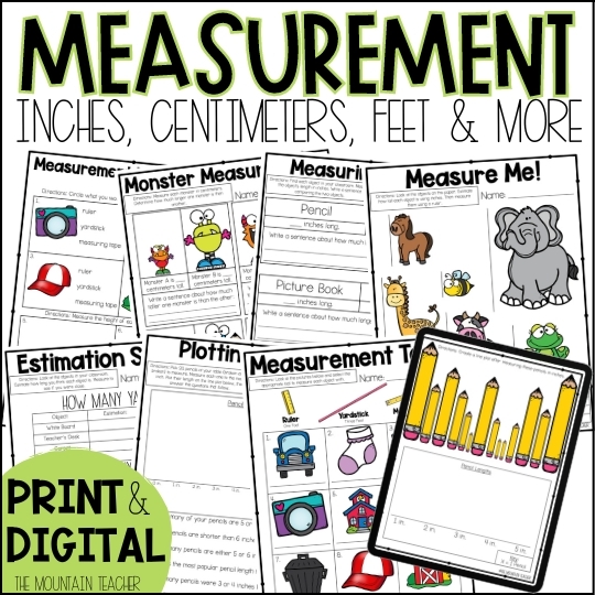 Second grade students measuring toy objects with a ruler to compare inches and centimeters on a colorful worksheet