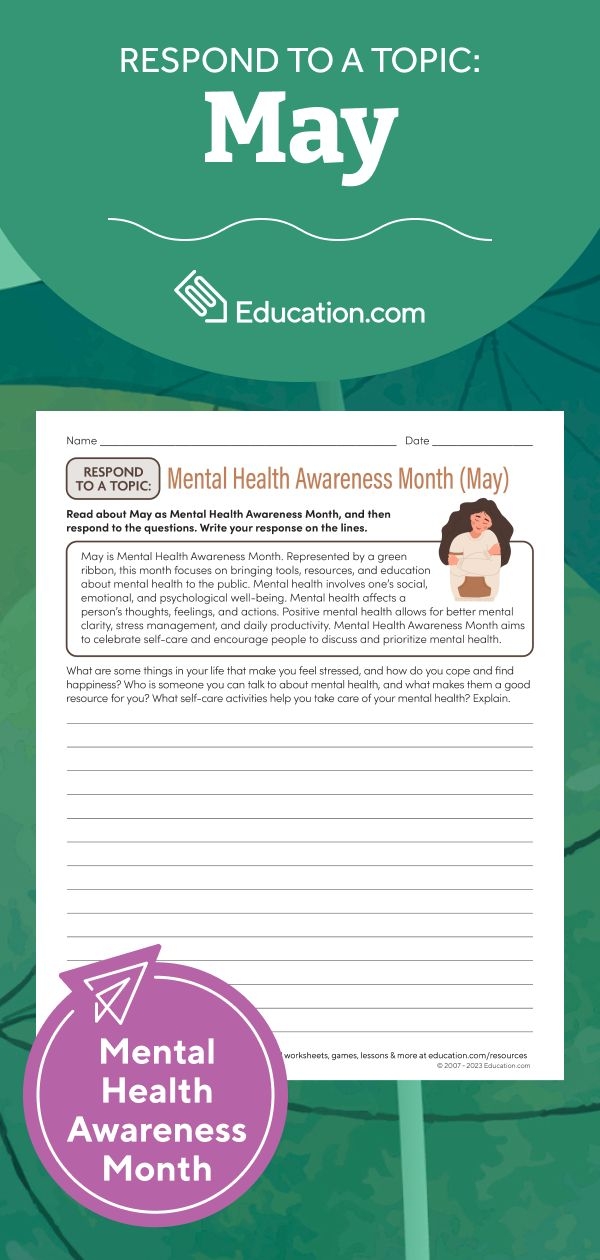 Sixth grade worksheet on Mental Health Awareness Month with earth and space science theme