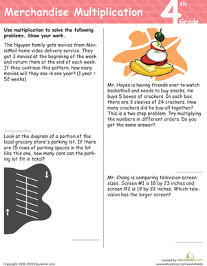 Merchandise Multiplication worksheet for fourth graders featuring engaging real-life scenarios