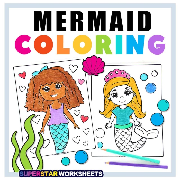 Mermaid coloring page worksheet for first graders focusing on fractions