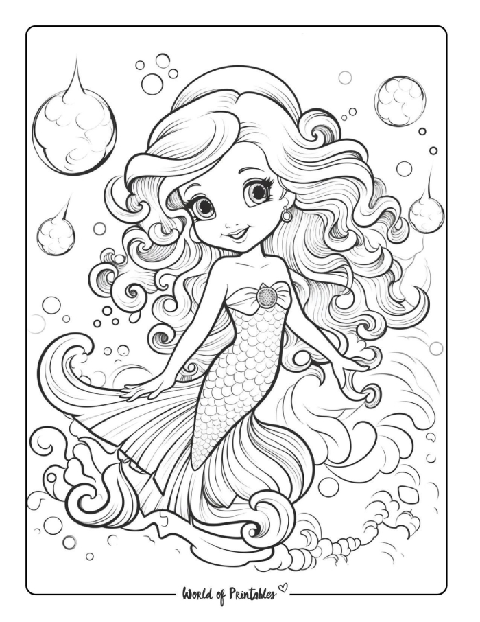 Coloring page featuring a whimsical mermaid, perfect for first graders learning about fractions