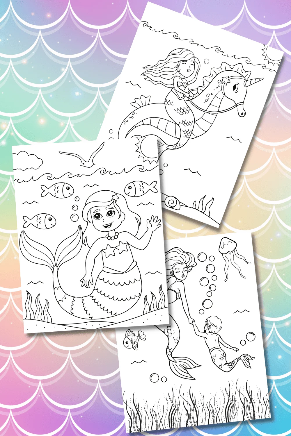 Mermaid coloring page worksheet featuring a whimsical underwater scene for first graders to explore fractions