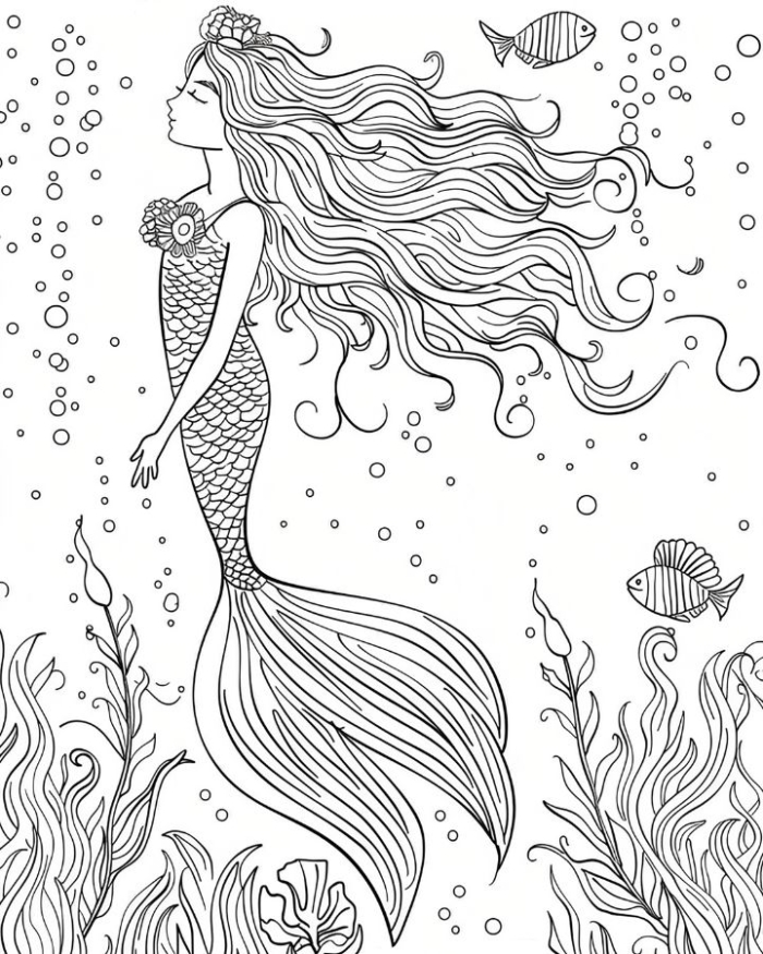 Coloring page featuring a whimsical mermaid for first graders to enjoy while learning about fractions