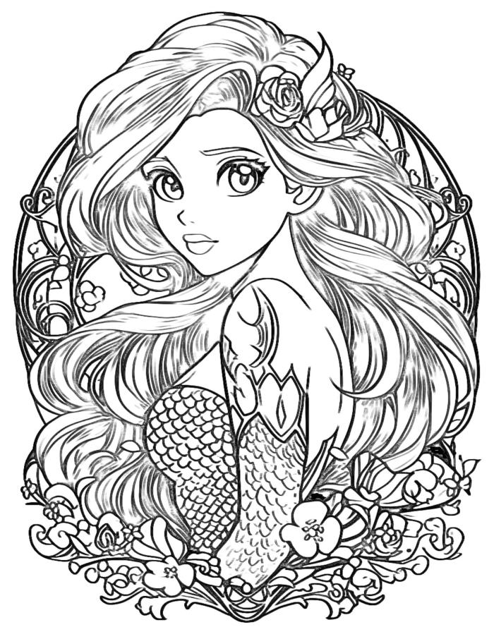 Mermaid coloring page worksheet featuring a whimsical ocean scene for first graders to explore fractions