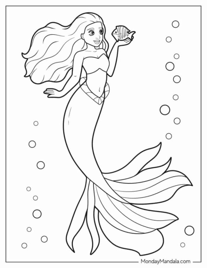 Mermaid coloring page worksheet designed for first graders to explore fractions while having fun. Engaging mermaid illustration perfect for ocean and fairytale enthusiasts.