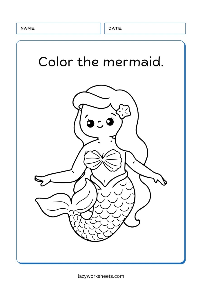 Mermaid coloring page worksheet designed for first graders learning about fractions