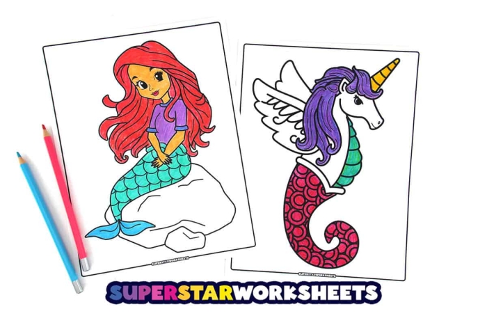 Mermaid coloring page worksheet featuring a whimsical underwater scene for first graders learning fractions