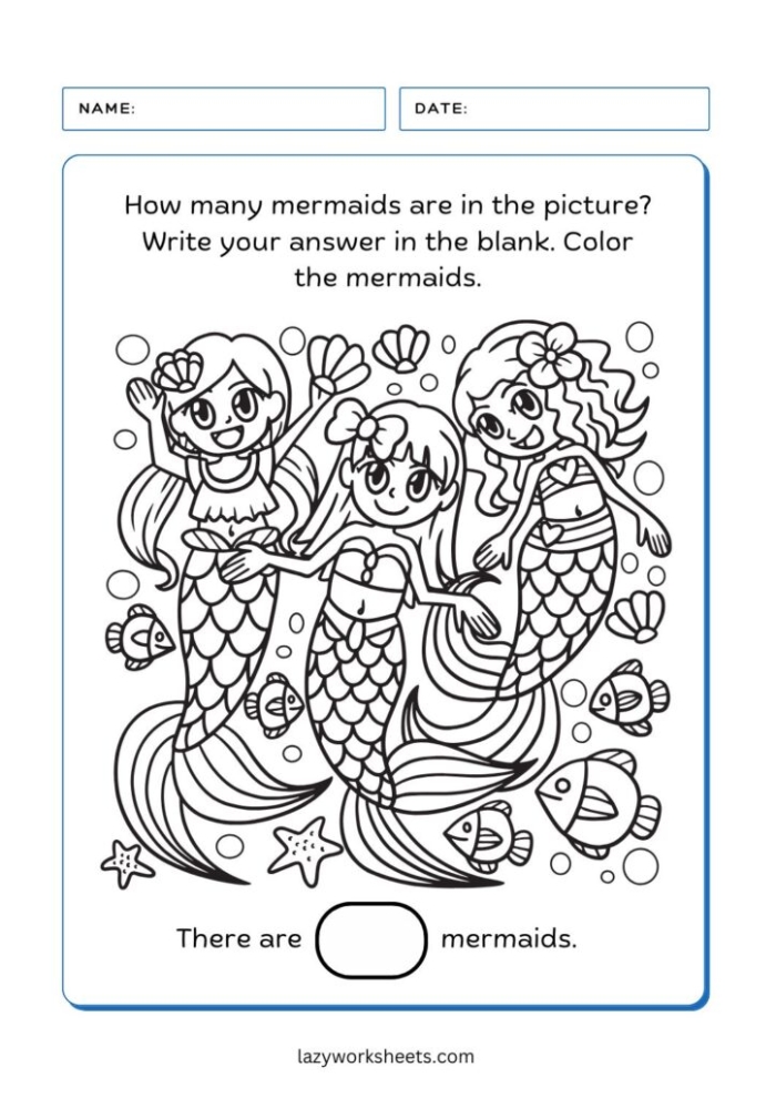 Mermaid coloring page worksheet for first graders focused on fractions