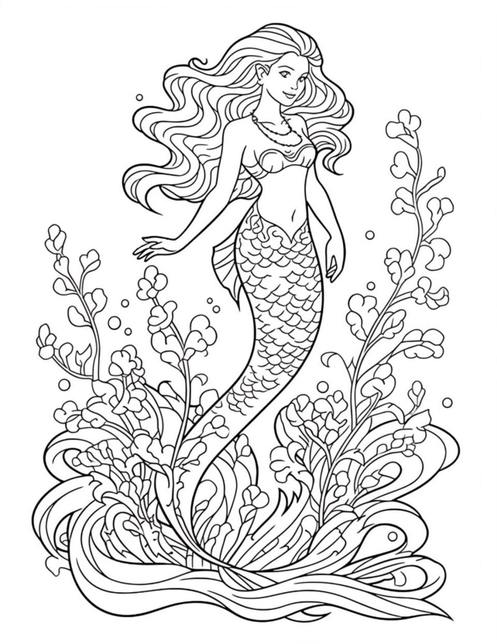 Mermaid coloring page worksheet designed for first graders to explore fractions