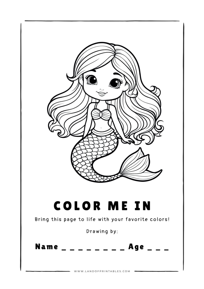 Mermaid coloring page worksheet designed for first graders to explore fractions while having fun