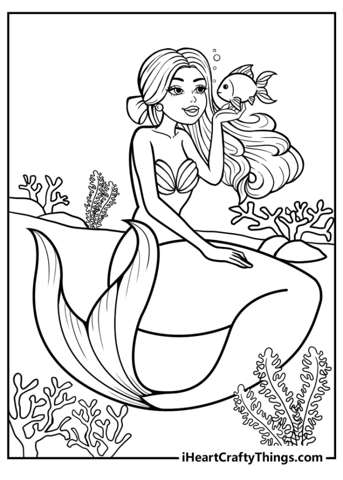 Mermaid coloring page worksheet designed for first graders to practice fractions while having fun