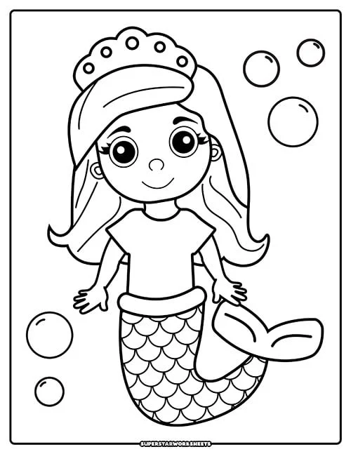 Mermaid coloring page worksheet featuring a whimsical underwater scene for first graders learning fractions