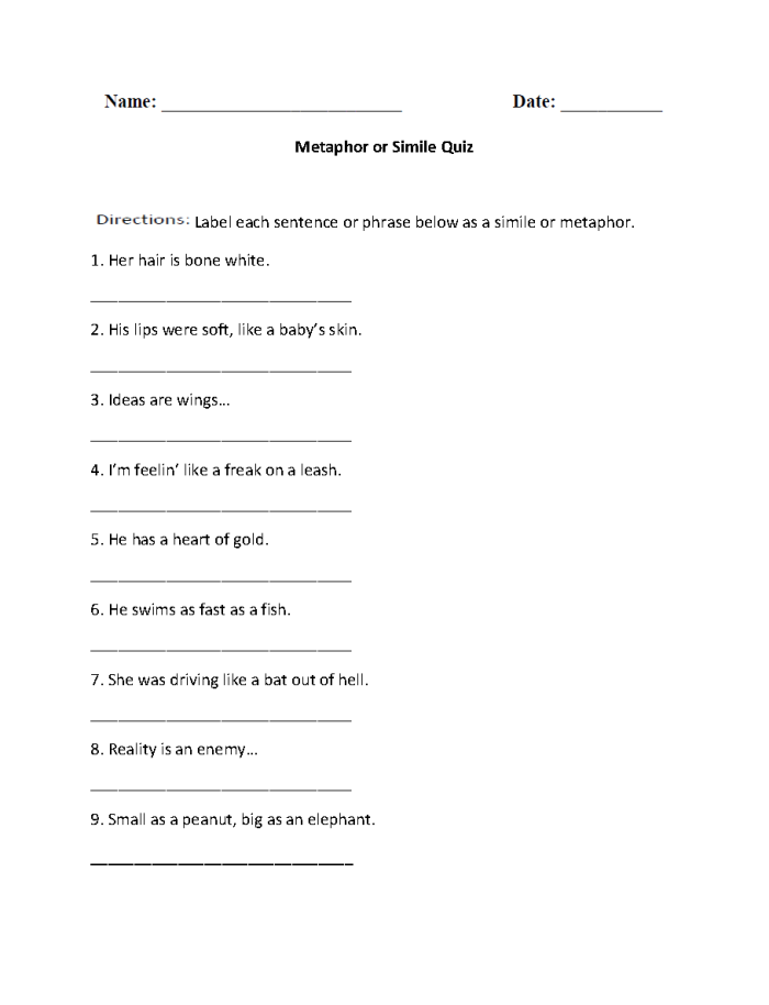 Writing Metaphors with Linking Verbs exercise for fourth graders in grammar and mechanics Fourth grade students completing a worksheet on writing metaphors using linking verbs