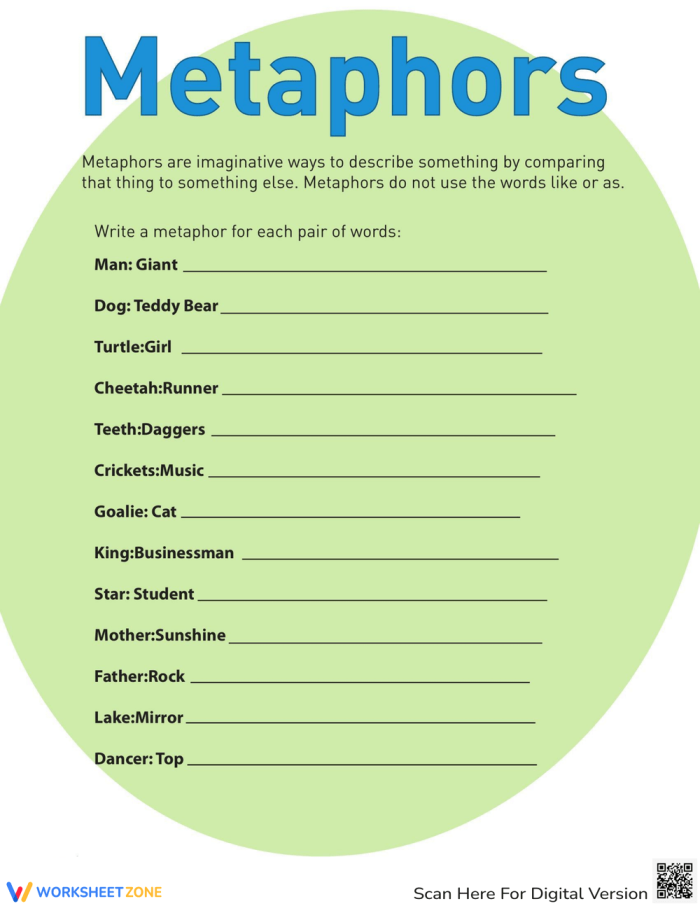 Writing Metaphors with Linking Verbs exercise for grammar and mechanics, image 25 Fourth grade worksheet focused on creating metaphors using linking verbs with guided practice