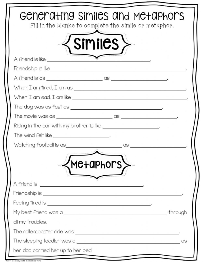 Writing Metaphors worksheet with linking verbs for grammar practice, image 18 Fourth grade student worksheet focused on creating metaphors using linking verbs