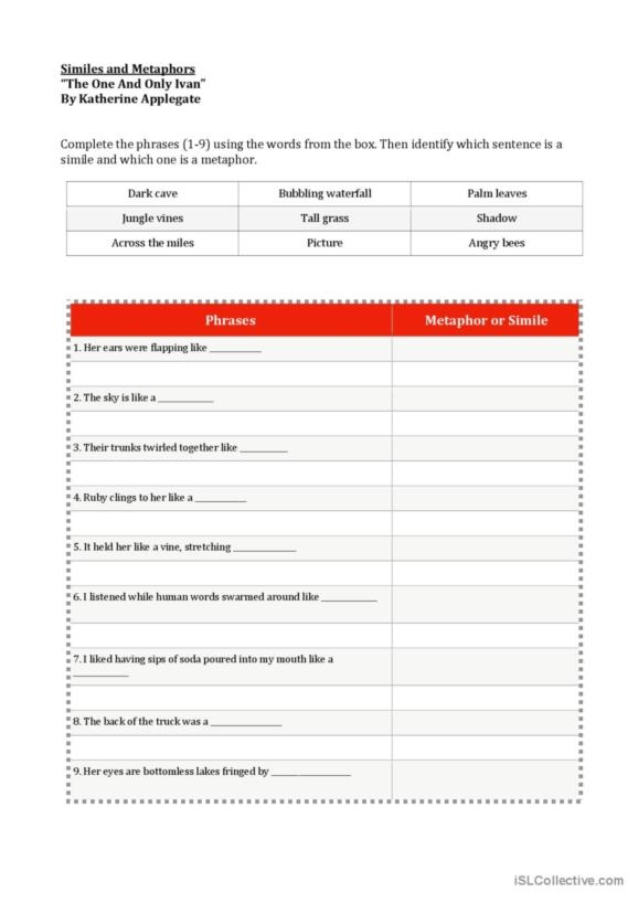 Writing Metaphors with Linking Verbs exercise for fourth graders, image 14 Fourth grade student worksheet focused on creating metaphors using linking verbs